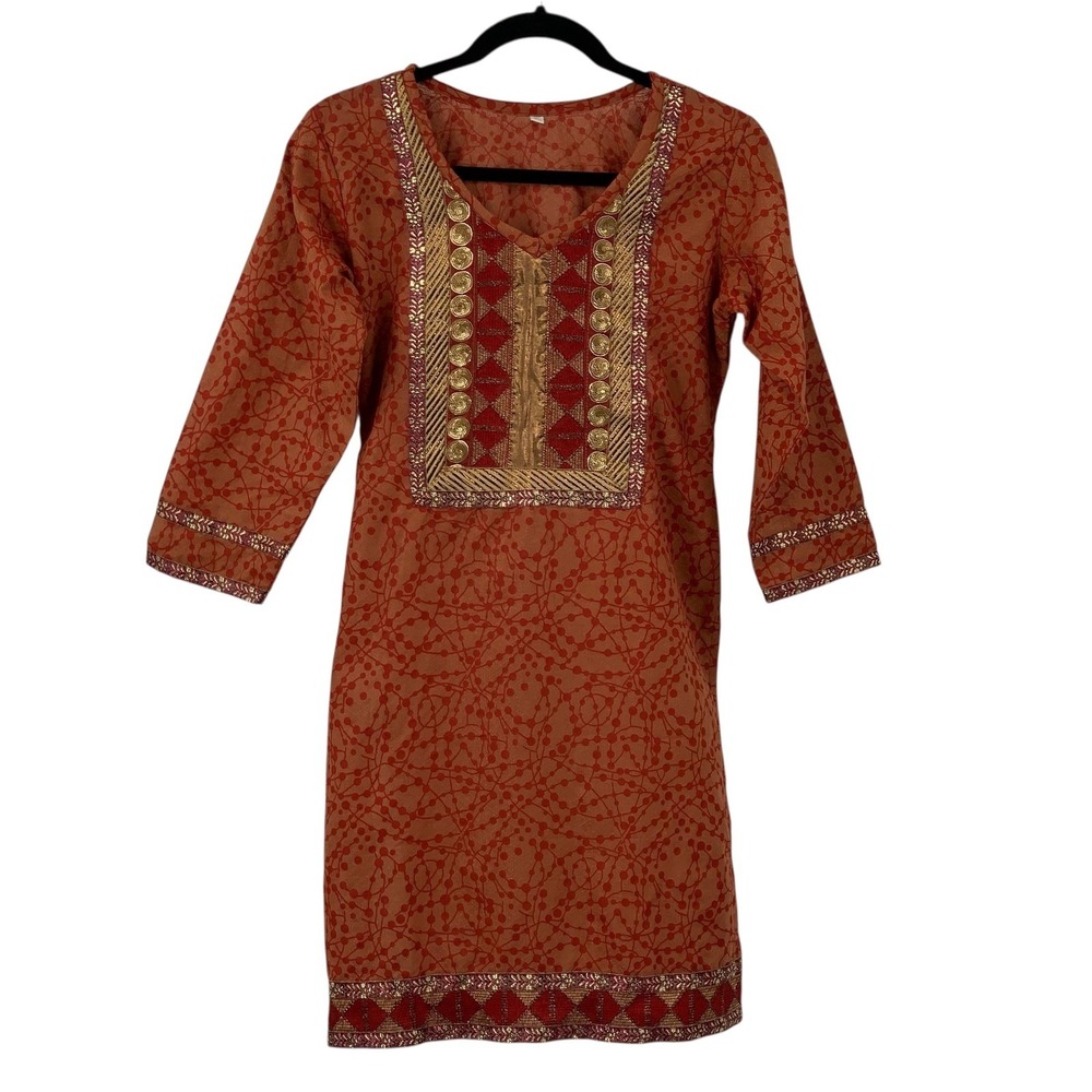 Embroidered Sequined Women's Tunic Dress Bohemian Festival Orange/Red Size‎ S